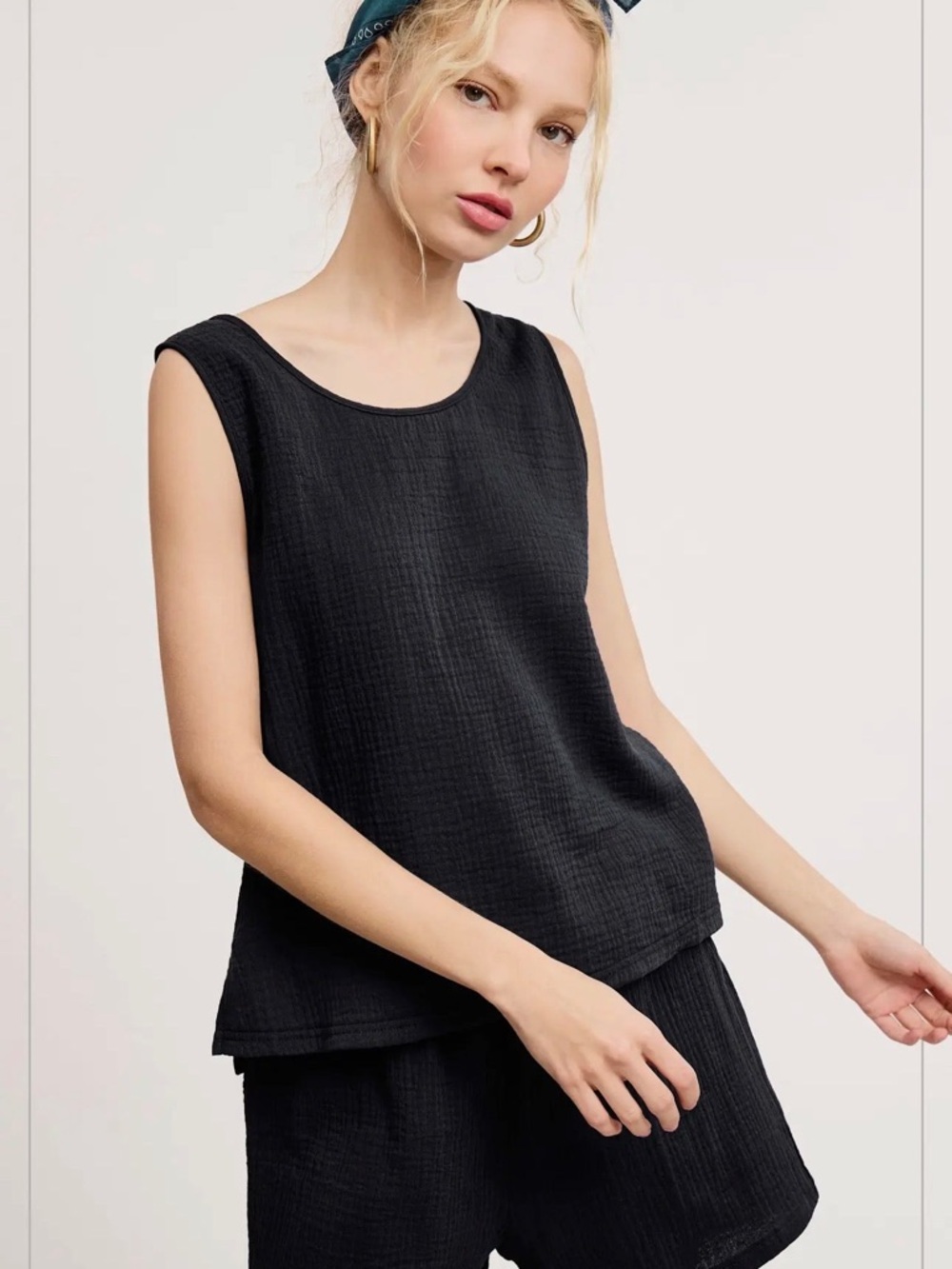 Sleeveless Black Gauze Tank Top/Shorts Set - Women